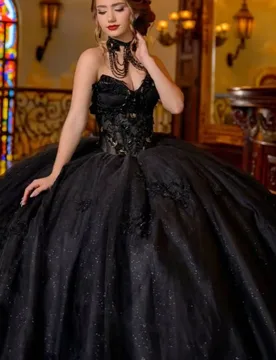 Shiny black Quinceanera Dress glitter crystal Decal 3D flower Long tail beading Vestidos De 15 Quinceanera ﻿Customize - Aliexpress - FashionsVida