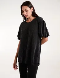 Bubble Sleeve Metallic High Low Top - ONE / BLACK/SILVER - female