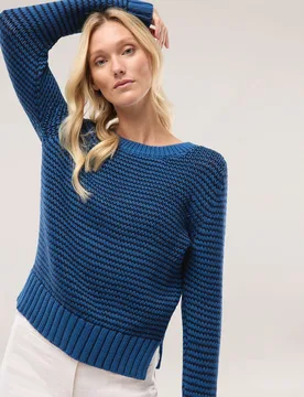 Pullover mit dezentem Streifen, normale Größen, Farbe Blau, 48, weicher Baumwollmix hautsympathisch Damen - Walbusch - FashionsVida