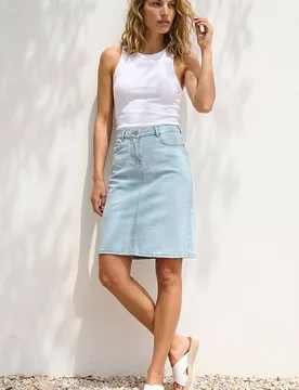 Women's Cotton Denim Stretch A line Skirt in Light Blue Size: 18 - Light Blue - Size: 18 - Roman - FashionsVida