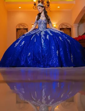 Royal Blue Quinceanera Dress off-shoulder Silvery Sequins Crystal Decal Long tail Bow vestidos de 15 Quinceanera ﻿Customize - Aliexpress - FashionsVida