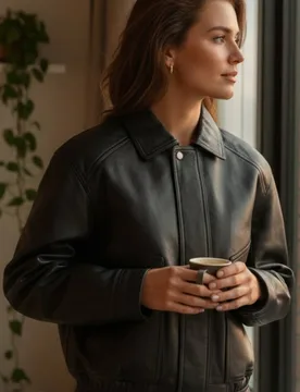 Women's Leather Biker Blouson Bomber Oversized Jacket - Moon in Black Size: 12 - Black - Size: 12 - Infinity Leather - FashionsVida