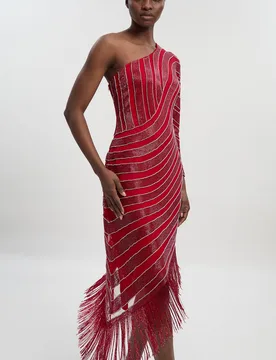 Womens Thigh High Split Embellished Woven Fringed Midi Dress - Red - Size 6 Uk - Karen millen - FashionsVida