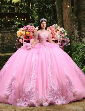 Pink Quinceanera Dress off-shoulder Sequins Crystal 3D Flower Layering Decal Long tail vestidos de 15 Quinceanera ﻿Customize - Aliexpress - FashionsVida