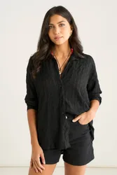 Women's Black Textured Oversized Long Sleeves Shirt Size: Medium/Large - Black - Size: M/L