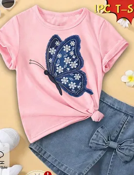 Camiseta básica casual de niña con estampado de mariposa, cómoda para uso diario, adecuada para primavera, verano y otoño - Shein - FashionsVida