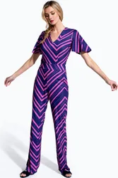 Women's Straight Leg Jumpsuit with V-neck & Flare Sleeves in Navy Size: 14 - Navy - Size: 14