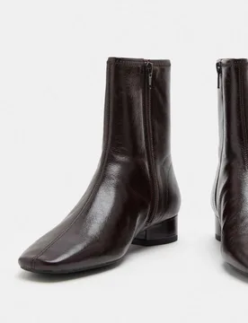 Leather Block Heel Chisel Toe Sock Boots Wine female - M&S - FashionsVida