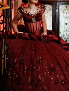 Shiny burgundy Quinceanera Dress Lace crystal glitter 3D flower decal Long tail Bow vestidos de 15 Quinceanera ﻿Customized - Aliexpress - FashionsVida