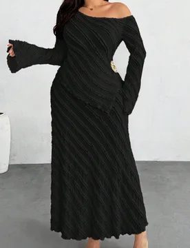 Conjunto de 2 piezas de top y falda para mujer talla grande, elegante, negro, con textura, cuello asimétrico y mangas acampanadas, vestidos largos pa - Shein - FashionsVida