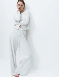 Cotton Rich Ribbed Wide Leg Pyjama Bottoms Grey Marl female