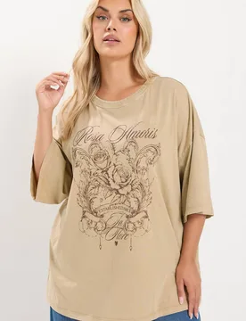 Women's Rose Print Boxy T-Shirt in Natural Size: 14 - Natural - Size: 14 - Yours - FashionsVida