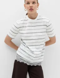 Pure Cotton Lace Hem T-Shirt White Mix female