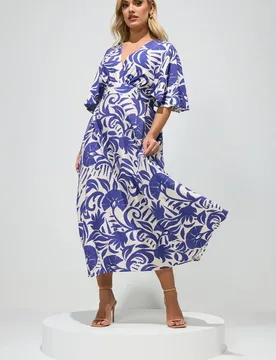 Women's Floral Linen Look Wrap Dress in Blue Size: 16 - Blue - Size: 16 - Yours - FashionsVida
