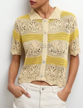 Cardigan de punto beige para mujer, manga corta, top corto, semi-transparente, cuello, casual, transpirable, verano, bohemio, vacaciones, festivo, con - Shein - FashionsVida
