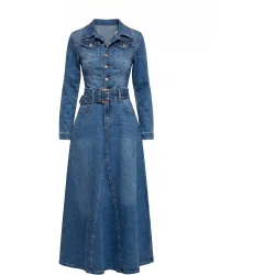 Vestido denim midi corte tipo a, con bolsillos, y cinturón