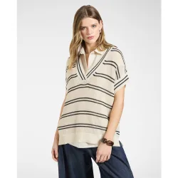 Camiseta de mujer a rayas con escote en v ajuste relajado