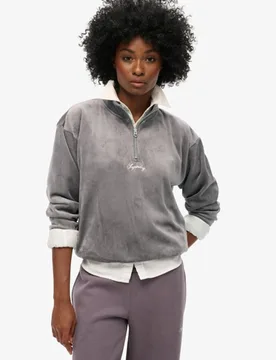 Superdry Damen Country Club Velours-oberteil mit Halblangem Reißverschluss Grey - Größe: 34 - 89.99 - FashionsVida