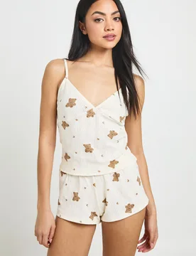 Womens Bear Print Pointelle Lace Trim Cami & Short Pyjama Set - Cream - Size 14 Uk - Boohoo - FashionsVida