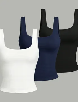 Camiseta sin mangas de cuello cuadrado minimalista y casual para adolescentes, en color blanco simple, azul marino y negro, adecuada para el verano, t - Shein - FashionsVida
