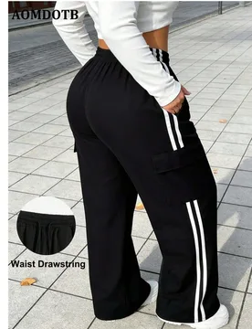 Pantalones cargo de mujer talla grande con rayas laterales, bolsillos con solapa, cintura con cordón, cintura elástica, tela elástica cómoda, esti - Shein - FashionsVida