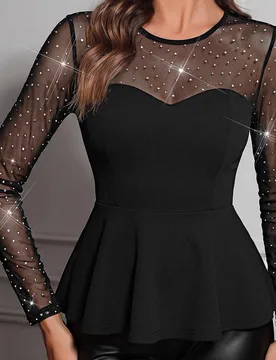 Camiseta ajustada de mujer elegante para fiesta con malla, decoración de strass y patchwork, blusa elegante de mujer, top para fiesta de San Valentí - Shein - FashionsVida