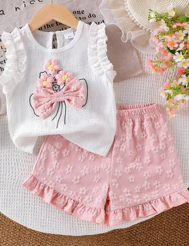 Conjunto de 2 piezas para niñas jóvenes con top de tirantes de punto jacquard con volantes & shorts rosas con volantes, adorable conjunto de verano - Shein - FashionsVida