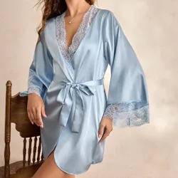 Bata elegante de mujer con parches de encaje de unicolor y mangas acampanadas, para otoño, ropa de estar en casa lujosa, detalles acogedores y elegan