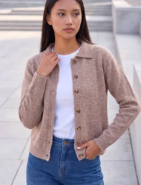 Women's Petite Collar Cardigan Sweater in Camel Size: 18 - Camel - Size: 18 - Roman - FashionsVida
