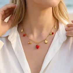 Vnox Sweet Cherry Strawberry Pendant Necklace 18K Gold Plated Apple Pineapple Fruit Charms Clavicle Chain Necklace Daily Jewelry