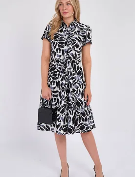Women's Grey Printed Short Sleeve Midi Dress in Black Size: 18 - Black - Size: 18 - LOVE SUNSHINE - FashionsVida