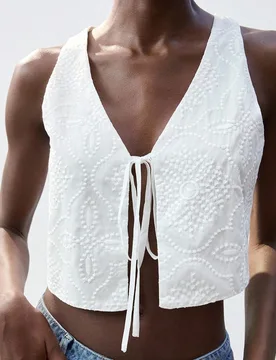 Nueva blusa sin mangas casual tropical boho de moda para vacaciones, color liso, bordada, con lazo delantero, para mujer, otoño, Halloween, para sali - Shein - FashionsVida