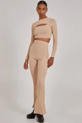 Women's Ribbed Long Sleeve Letterbox Top in Stone Size: 8 - Stone - Size: 8