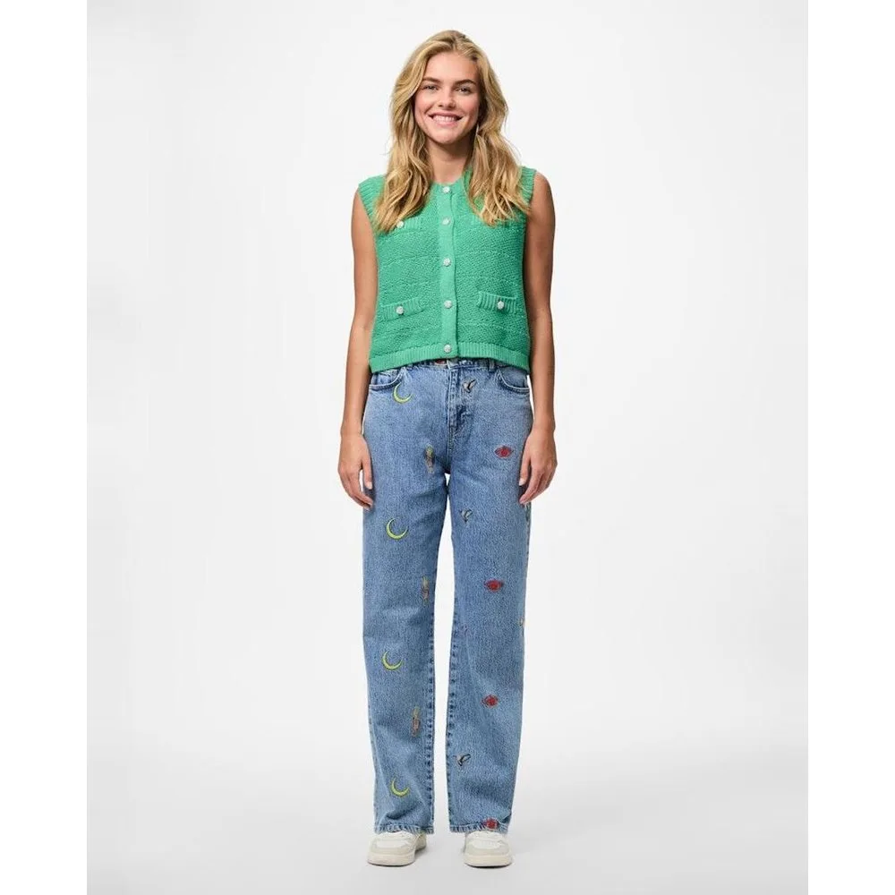 Pantalón vaquero bordado de mujer - Pieces - FashionsVida