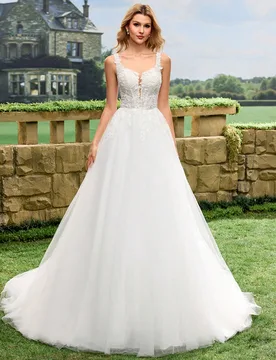 Vestido de novia de encaje con escote de corazón, tul transparente y falda larga para boda en la iglesia, ceremonia de boda privada en primavera XS - Shein - FashionsVida