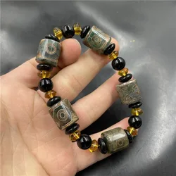Three-Eyed Dzi Barrel Bead , Unisex Old Agate Bracelet