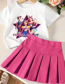Conjunto de verano estilo preppy para niñas pequeñas con camiseta de manga corta casual para uso diario con estampado morado y blanco roto, y falda - Shein - FashionsVida