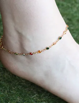 Women's Golden Brass Rounds Multicolour Beads Foot Indian Payal Anklet in Gold - Gold - Size: One Size - The Colourful Aura - FashionsVida
