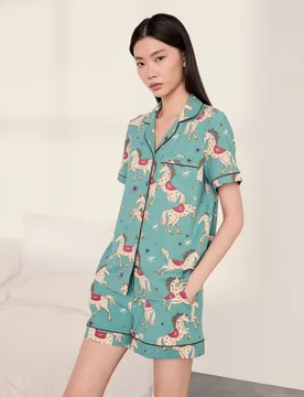 Jersey Horse Print Revere Shortie Set Teal female - Chelsea Peers - FashionsVida