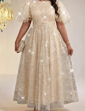 Vestido de noche elegante de talla grande para mujer con lentejuelas color champán y cintura ceñida para fiesta y dama de honor 2XL - Shein - FashionsVida