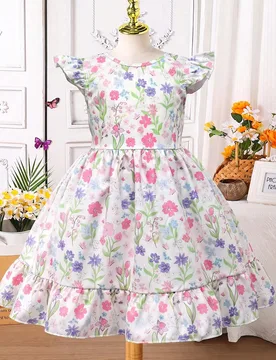 Vestido elegante para niñas con estampado floral pequeño y patrón de flores grandes, cuello redondo, mangas acampanadas, abertura en la espalda, la - Shein - FashionsVida