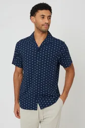 Mens Navy Revere Collar Polka Dot Short Sleeve Shirt - Size Small