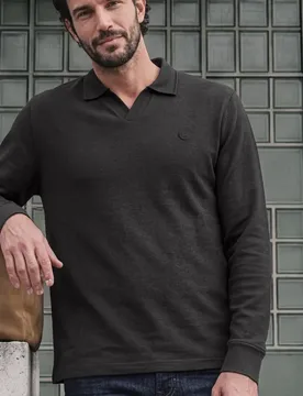 Street One Langarm Poloshirt mit Strickstruktur male Schwarz - Street One MEN - FashionsVida