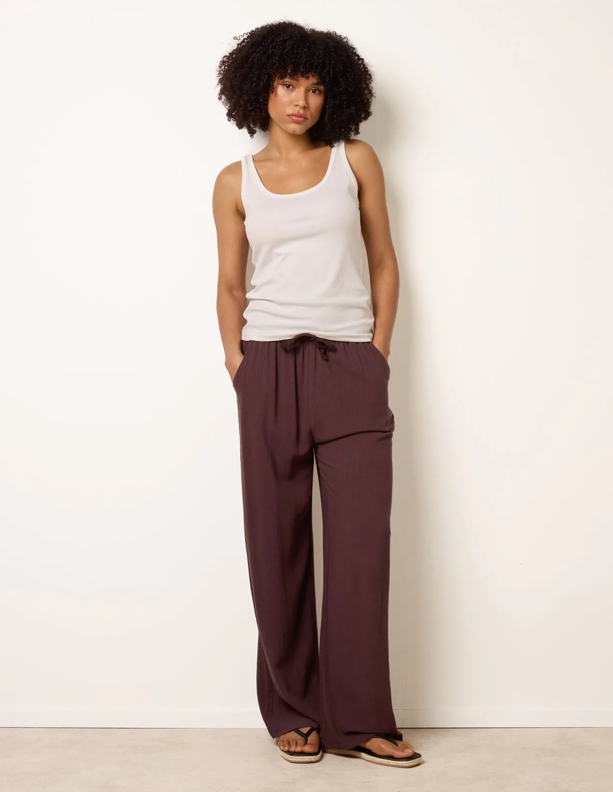 Linen-Blend Drawstring Trousers - S / CHOCOLATE - female - Blue Vanilla - FashionsVida
