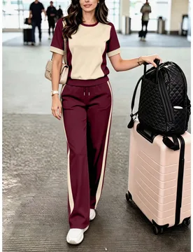 Top de manga corta con cuello redondo y estilo preppy versátil de bloques de color para mujer, nuevo casual, primavera verano otoño, y pantalón lar - Shein - FashionsVida