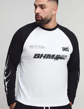 Herren Plus Regular Fit Moto Grafik Langarm Raglan T-Shirt Black Größe 2XL - boohooMAN - FashionsVida