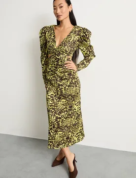 Women's Petite Satin Cut Out Waist Plunge Neck Midi Dress in Lime Size: 14 - Lime - Size: 14 - Warehouse - FashionsVida