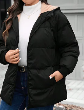 Abrigo acolchado con capucha y cremallera delantera de manga larga de unicolor para mujer talla grande, casual elegante para invierno, vacaciones, sen - Shein - FashionsVida
