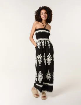 Halter Neck Shirred Waist Jumpsuit - S/M / BLACK - female - Blue Vanilla - FashionsVida