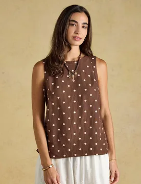 Linen Blend Round Neck Sleeveless Top Brown Mix female - Joules - FashionsVida